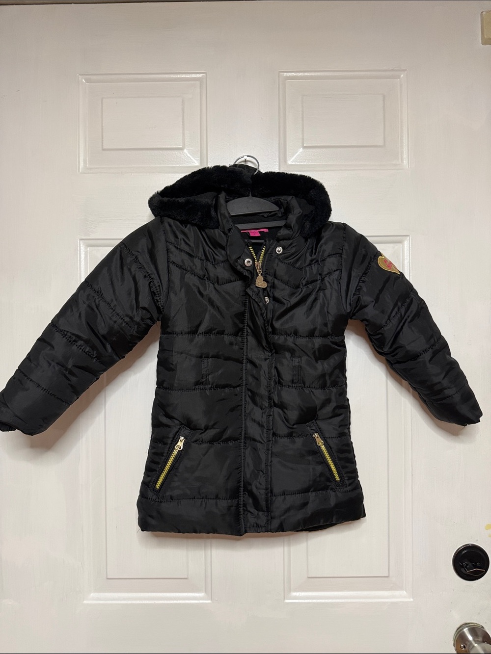 Betsy Johnson Girls Black Winter Coat with Faux Fur Hood size 5